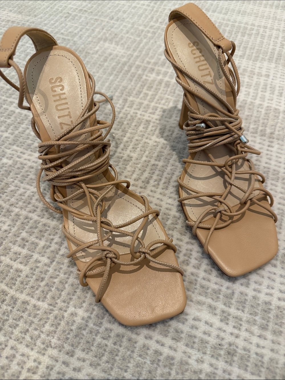 SCHUTZ Nude Tan Lace-Up Strappy Heeled Sandals